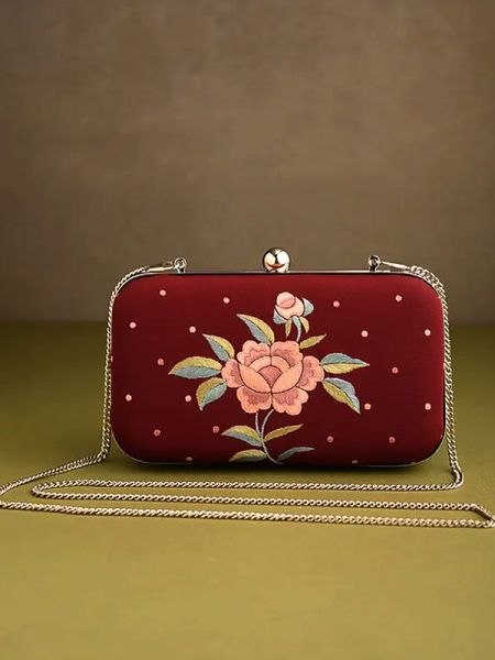 Red Parsi Gara Embroidery Clutch with Rose Spray pattern and Hard  Purse With Detachable Metal Strap; u602075863_New_db.com