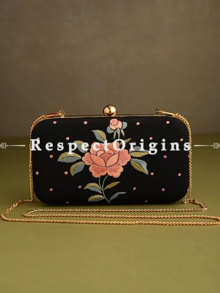 Black Parsi Gara Embroidery Clutch with Rose Spray pattern and Hard  Purse With Detachable Metal Strap; u602075863_New_db.com