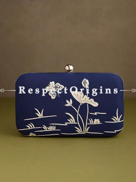 Blue Parsi Gara Embroidery Clutch with Crane and Lotus in Water pattern and Hard  Purse With Detachable Metal Strap; u602075863_New_db.com