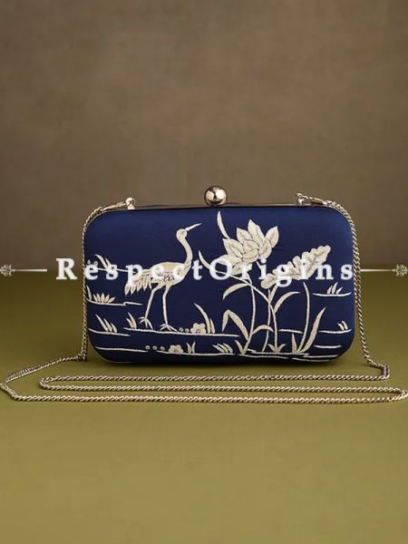 Blue Parsi Gara Embroidery Clutch with Crane and Lotus in Water pattern and Hard  Purse With Detachable Metal Strap; u602075863_New_db.com