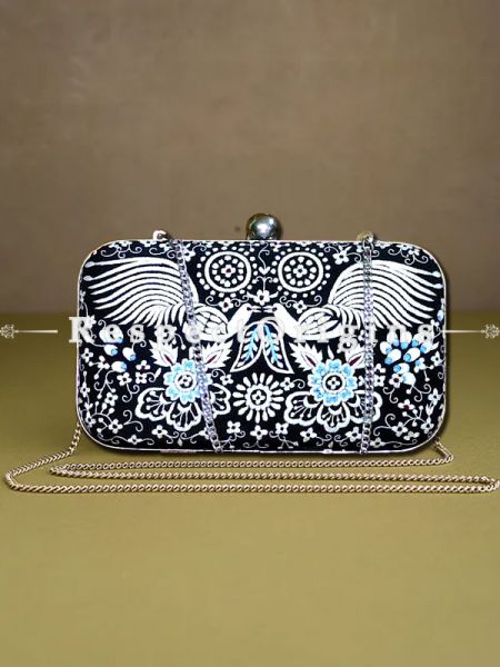 Black Parsi Gara Embroidery Clutch with Peacock pattern and Hard  Purse With Detachable Metal Strap; u602075863_New_db.com