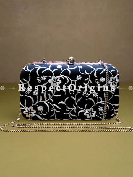 Black Parsi Gara Embroidery Clutch with White flower trellis pattern and Hard  Purse With Detachable Metal Strap; u602075863_New_db.com