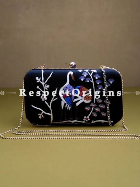 Black Parsi Gara Embroidery Clutch with Crane pattern and Hard  Purse With Detachable Metal Strap; u602075863_New_db.com