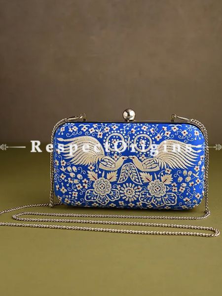Blue Parsi Gara Embroidery hard Clutch Purse with Detachable Metal Strap.; u602075863_New_db.com