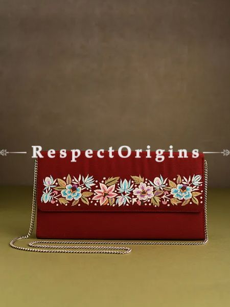 Red Parsi Gara Embroidery hard Clutch Purse Flap Style With Detachable Metal Strap.; u602075863_New_db.com
