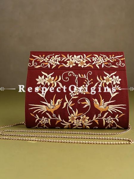 Red Parsi Gara Embroidery Clutch With Detachable Metal Strap and Gul-e-bulbul pattern in Golden embroidery.; u602075863_New_db.com