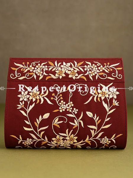 Red Parsi Gara Embroidery Clutch With Detachable Metal Strap and Gul-e-bulbul pattern in Golden embroidery.; u602075863_New_db.com