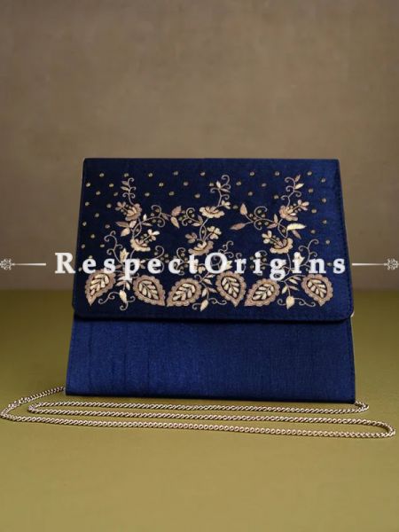 Blue Parsi Gara Embroidery Clutch with Leafy pattern and Detachable Metal Strap.; u602075863_New_db.com
