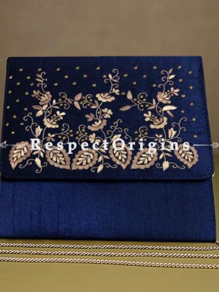 Blue Parsi Gara Embroidery Clutch with Leafy pattern and Detachable Metal Strap.; u602075863_New_db.com