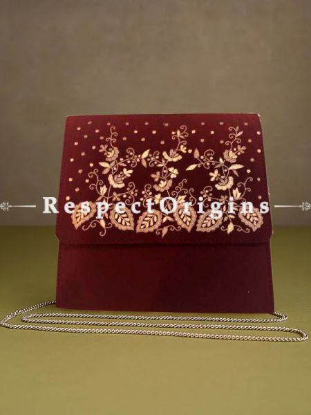Red Parsi Gara Embroidery Clutch with Leafy pattern and Detachable Metal Strap.; u602075863_New_db.com