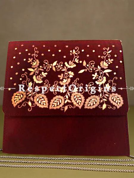 Red Parsi Gara Embroidery Clutch with Leafy pattern and Detachable Metal Strap.; u602075863_New_db.com