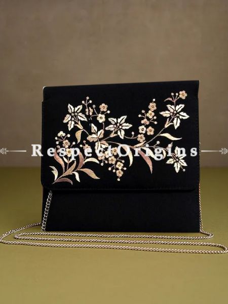 Black Parsi Gara Embroidery Clutch Lily Spray pattern and Detachable Metal Strap.; u602075863_New_db.com