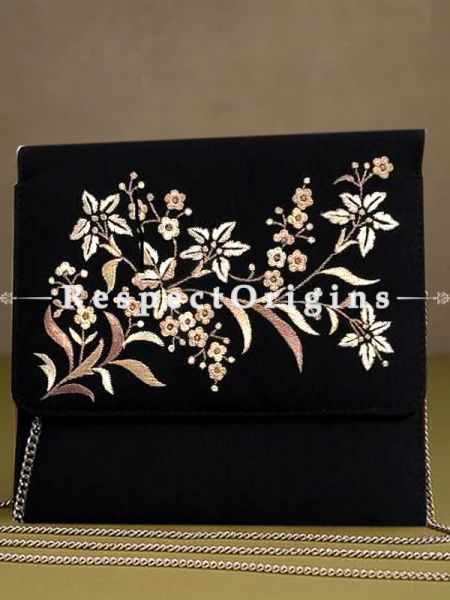 Black Parsi Gara Embroidery Clutch Lily Spray pattern and Detachable Metal Strap.; u602075863_New_db.com