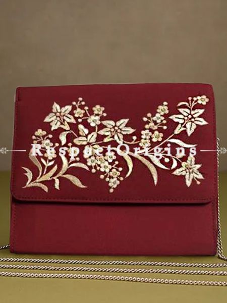 Red Parsi Gara Embroidery Clutch Lily Spray pattern and Detachable Metal Strap.; u602075863_New_db.com