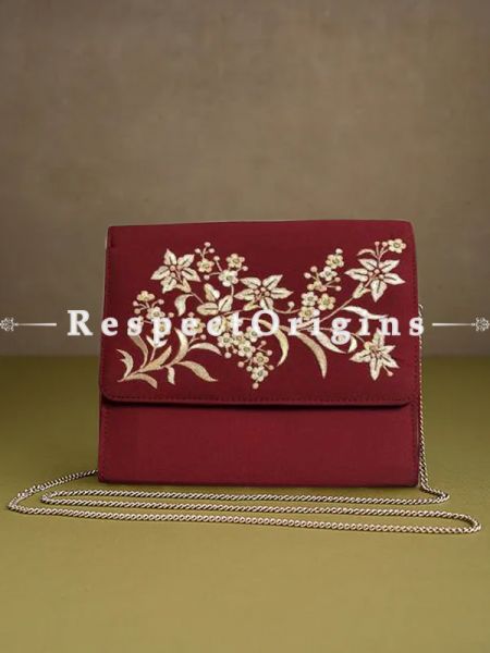 Red Parsi Gara Embroidery Clutch Lily Spray pattern and Detachable Metal Strap.; u602075863_New_db.com