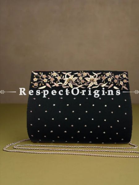 Black Parsi Gara Embroidery Clutch with Lily Border pattern and Detachable Metal Strap.; u602075863_New_db.com