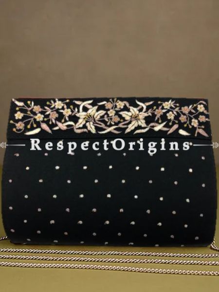 Black Parsi Gara Embroidery Clutch with Lily Border pattern and Detachable Metal Strap.; u602075863_New_db.com