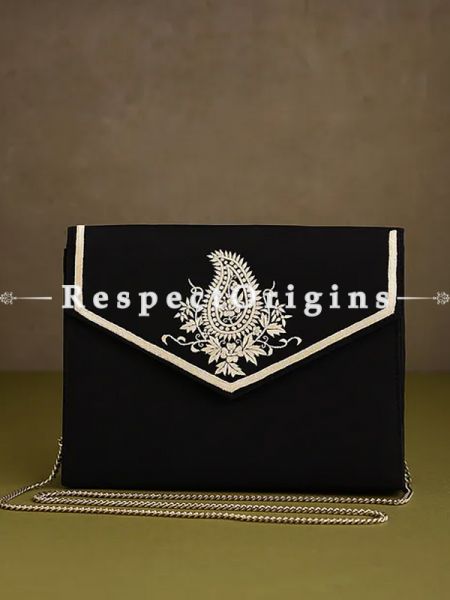Blue Parsi Gara Embroidery Clutch with Paisley pattern and Detachable Metal Strap.; u602075863_New_db.com