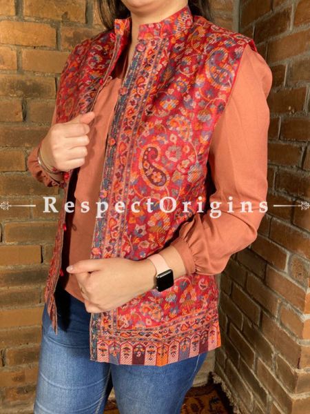 Charismatic Floral Design Formal Ladies Designer Detailing Jamavar Red Jacket in Cotton Silk Blend; Silken Lining; u602075863_New_db.com