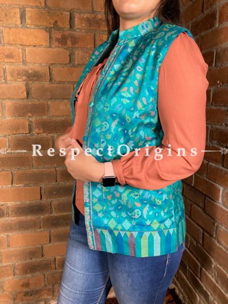 Beauteous Floral Design Formal Ladies Designer Detailing Jamavar Blue Jacket in cotton silk Blend; Silken Lining; u602075863_New_db.com