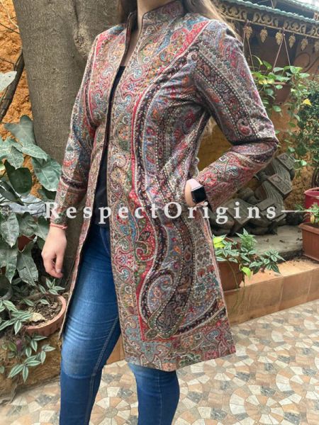 Stunning Floral Design Formal Ladies Designer Detailing Multi-Coloured Jamavar Jacket in Cotton Silk Blend; Silken Lining; u602075863_New_db.com
