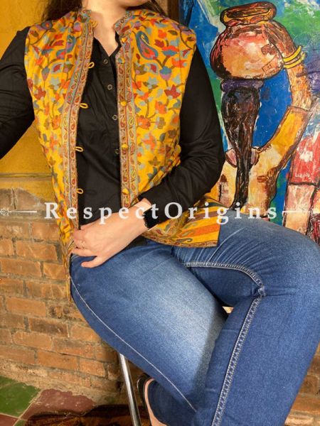 Yellow Floral Design Formal Ladies Designer Detailing Jamavar Jacket in cotton silk Blend; Silken Lining; u602075863_New_db.com