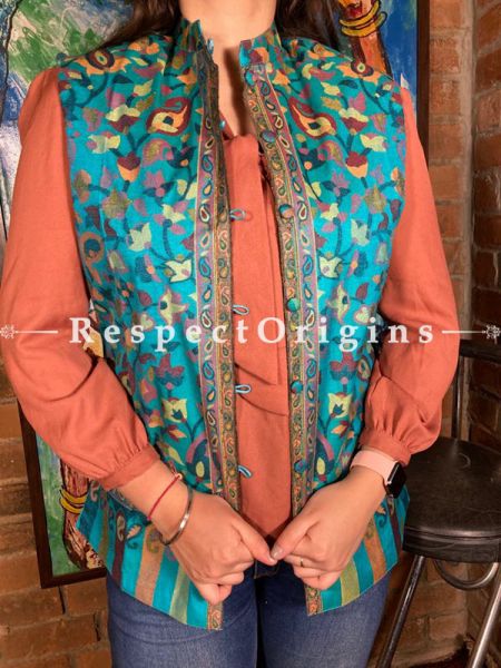 Radiant Blue Floral Design Formal Ladies Designer Detailing Jamavar Jacket in Cotton Silk Blend; Silken Lining; u602075863_New_db.com