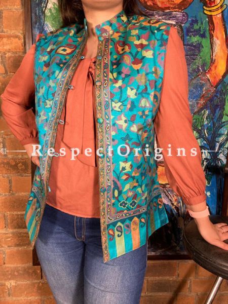 Radiant Blue Floral Design Formal Ladies Designer Detailing Jamavar Jacket in Cotton Silk Blend; Silken Lining; u602075863_New_db.com