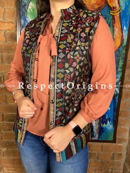 Classy Blue Floral Design Formal Ladies Designer Detailing Jamavar Jacket in Cotton Silk Blend; Silken Lining; u602075863_New_db.com
