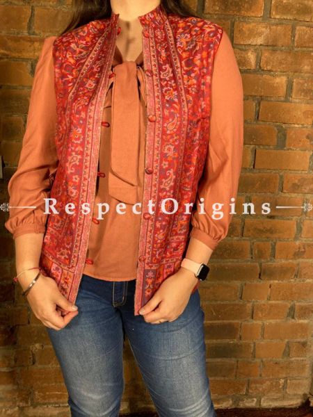 Charming Floral Design Formal Ladies Designer Detailing Jamavar Red Jacket in Cotton Silk Blend; Silken Lining; u602075863_New_db.com
