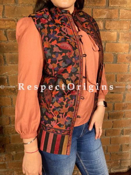 Charming Floral Design Formal Ladies Designer Detailing Jamavar Black Jacket in Cotton Silk Blend; Silken Lining; u602075863_New_db.com