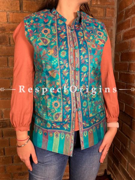Glamorous Floral Design Formal Ladies Designer Detailing Jamavar Blue Jacket in Cotton Silk Blend; Silken Lining; u602075863_New_db.com