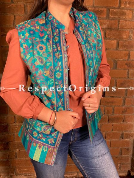 Glamorous Floral Design Formal Ladies Designer Detailing Jamavar Blue Jacket in Cotton Silk Blend; Silken Lining; u602075863_New_db.com