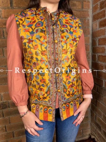 Glamorous Floral Design Formal Ladies Designer Detailing Jamavar Yellow Jacket in Cotton Silk Blend; Silken Lining; u602075863_New_db.com