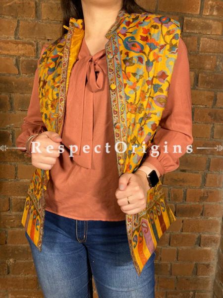Glamorous Floral Design Formal Ladies Designer Detailing Jamavar Yellow Jacket in Cotton Silk Blend; Silken Lining; u602075863_New_db.com