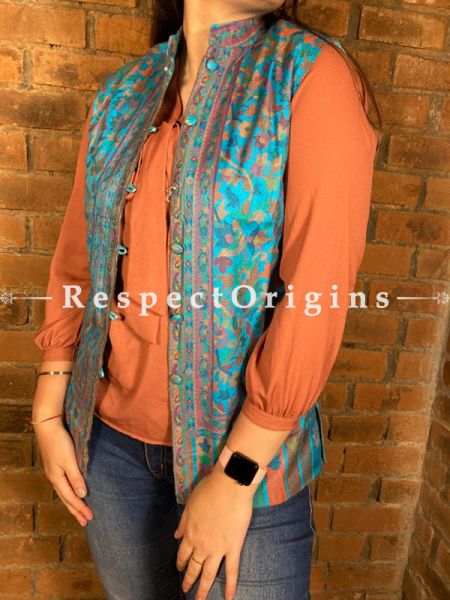 Charismatic Floral Design Formal Ladies Designer Detailing Jamavar Blue Jacket in Cotton Silk Blend; Silken Lining; u602075863_New_db.com