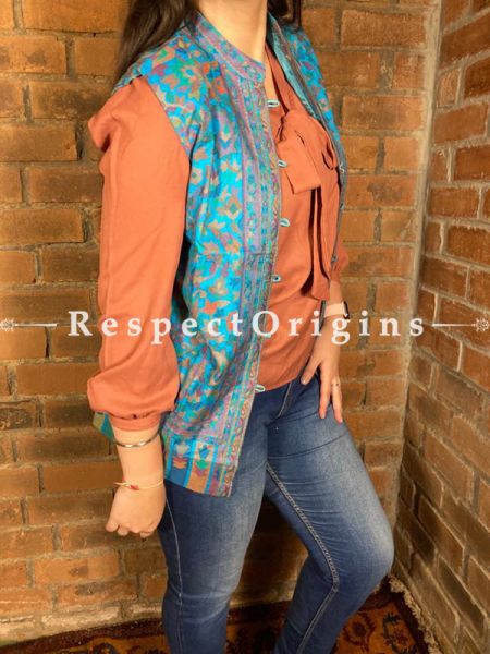 Charismatic Floral Design Formal Ladies Designer Detailing Jamavar Blue Jacket in Cotton Silk Blend; Silken Lining; u602075863_New_db.com