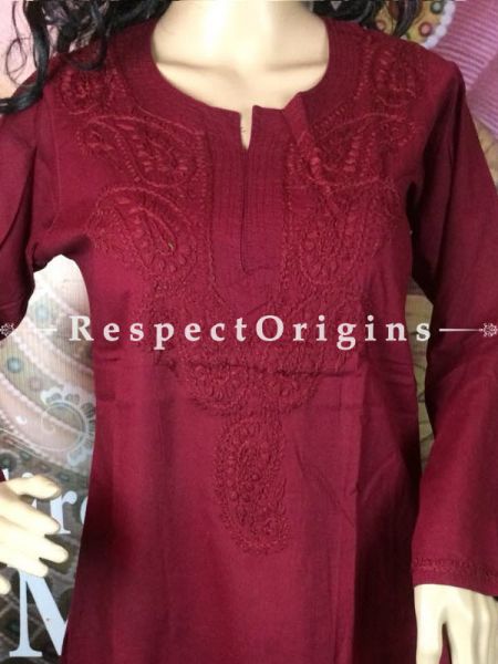 Kurti; Ladies Maroon Cotton Chikankari Embroidery Work, Long Kurti; com