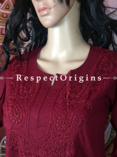 Kurti; Ladies Maroon Cotton Chikankari Embroidery Work, Long Kurti; com