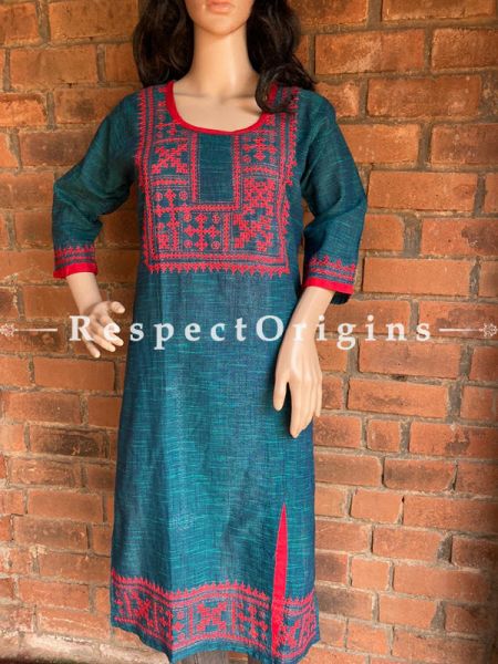 Ready to wear Tribal Kantha Hand Embroidered on Dark Green Cotton Kurti