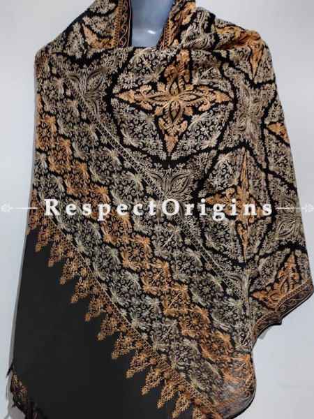 Kashmiri Kashidakari Yellow & Golden Embroidered on Black Shawl Stole Gift; u602075863_New_db.com