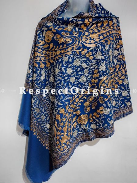 Kashmiri Kashidakari Golden-White Embroidery on Blue Shawl Stole Gift; u602075863_New_db.com