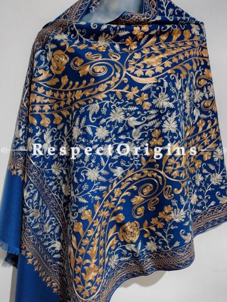 Kashmiri Kashidakari Golden-White Embroidery on Blue Shawl Stole Gift; u602075863_New_db.com