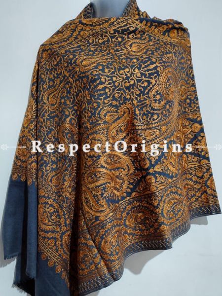 Kashmiri Kashidakari Golden Embroidered on Blue Shawl Stole Gift; u602075863_New_db.com