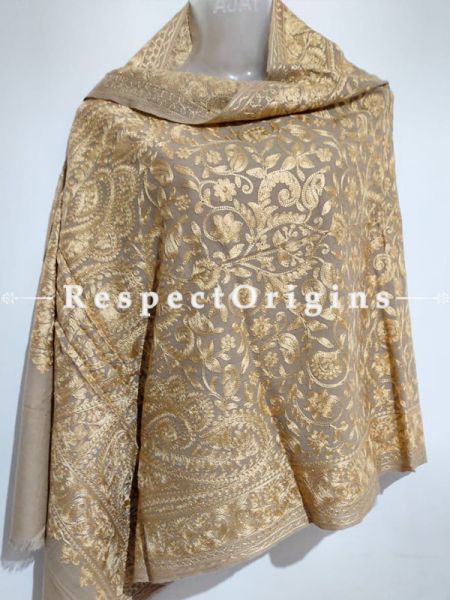 Kashmiri Kashidakari Golden Embroidered on Beige Shawl Stole Gift; u602075863_New_db.com