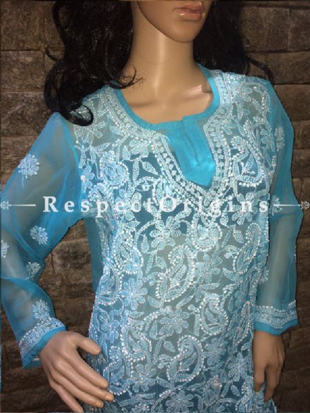 Kurti; Ladies Georgette Chikankari Embroidery; Blue Long Kurti. u602075863_New_db
