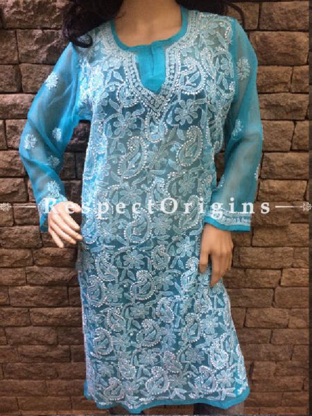 Kurti; Ladies Georgette Chikankari Embroidery; Blue Long Kurti. 