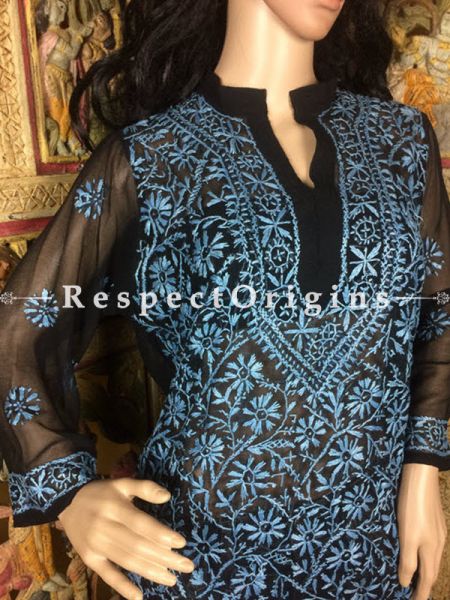 Ladies Black Georgette Long Kurti with Blue Chikankari Embroidery Work; com