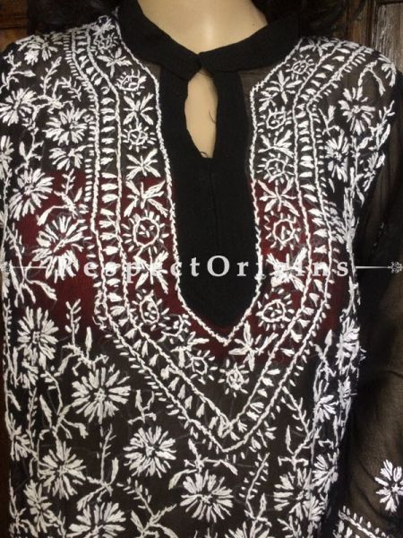 Ladies White Chikankari Embroidered Black Georgette Long Kurti; com