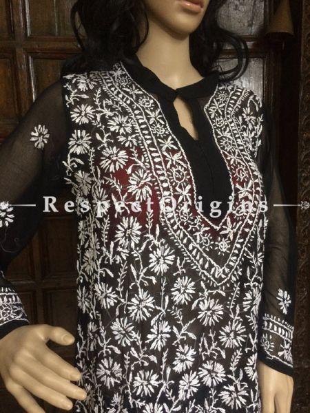 Ladies White Chikankari Embroidered Black Georgette Long Kurti; com